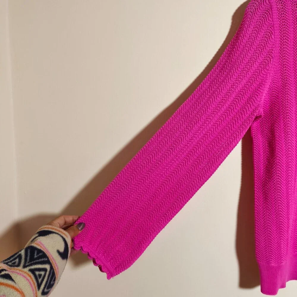 J Crew Scalloped Cuff Pointelle Mock Neck Sweater sz S Hot Pink Preppy Feminine
